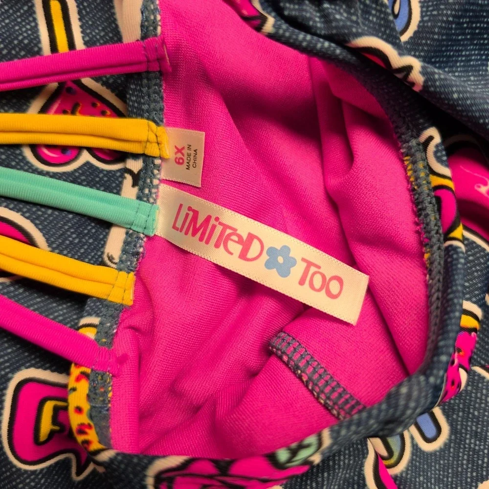 Limited‎ Too Girls Swimsuit 6X Blue Pink Neon Rainbow Pop Art Beach Faux Denim
